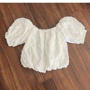 Magaschoni White Textured Ruffle Hem Crop Blouse Smocked Waist Womens M NWT